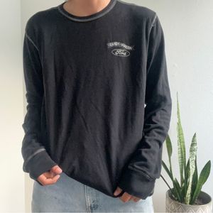 ford waffle knit long sleeved black graphic t-shirt with white hem detail